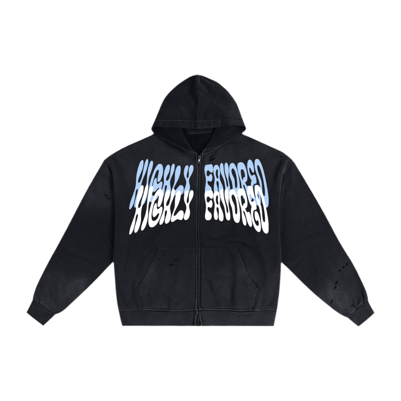 "HIGHLY FAVORED" Torn Double zip hoodie (Sunfade Black)