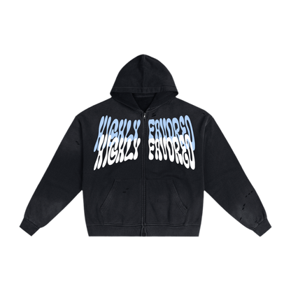"HIGHLY FAVORED" Torn Double zip hoodie (Sunfade Black)
