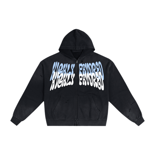 "HIGHLY FAVORED" Torn Double zip hoodie (Sunfade Black)