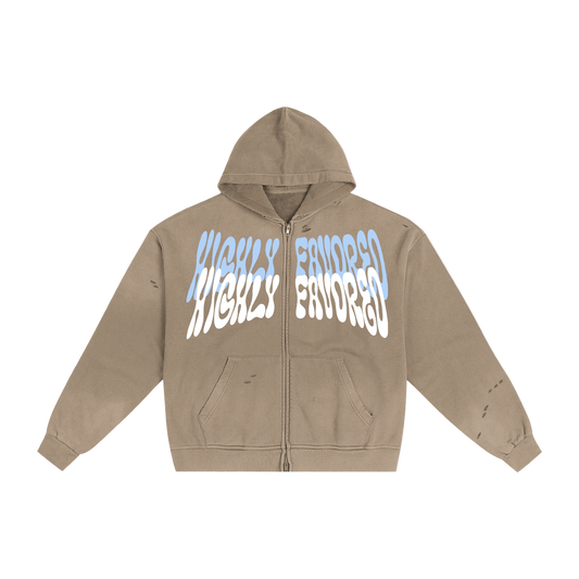 "HIGHLY FAVORED" Torn Double zip hoodie