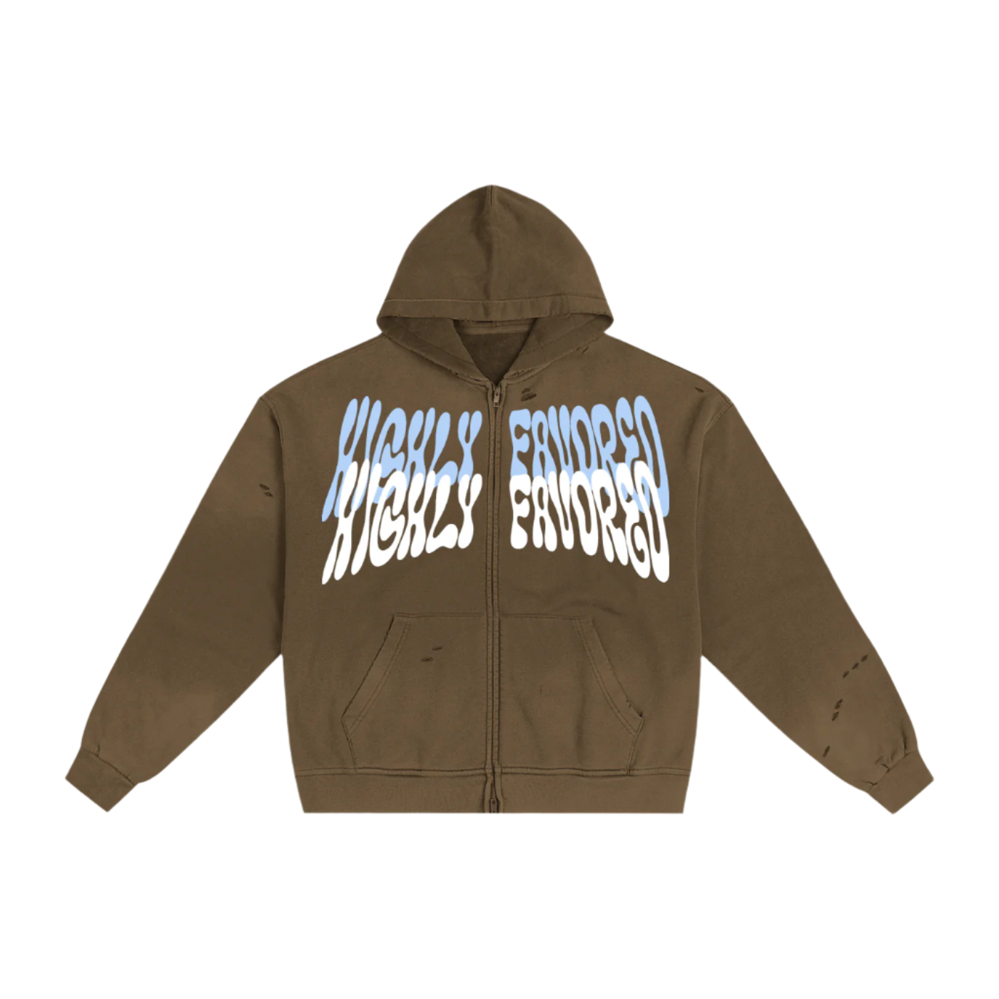 "HIGHLY FAVORED" Frayed Double Zip Hoodie (BROWN)