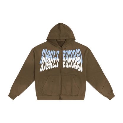 "HIGHLY FAVORED" Frayed Double Zip Hoodie (BROWN)