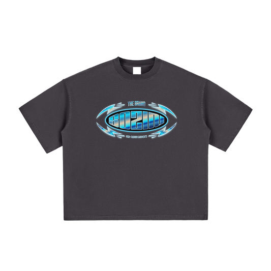 Black t-shirt with a blue and white logo on a white background