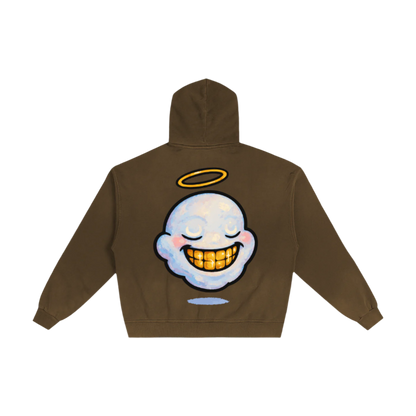 "HIGHLY FAVORED" Frayed Double Zip Hoodie (BROWN)