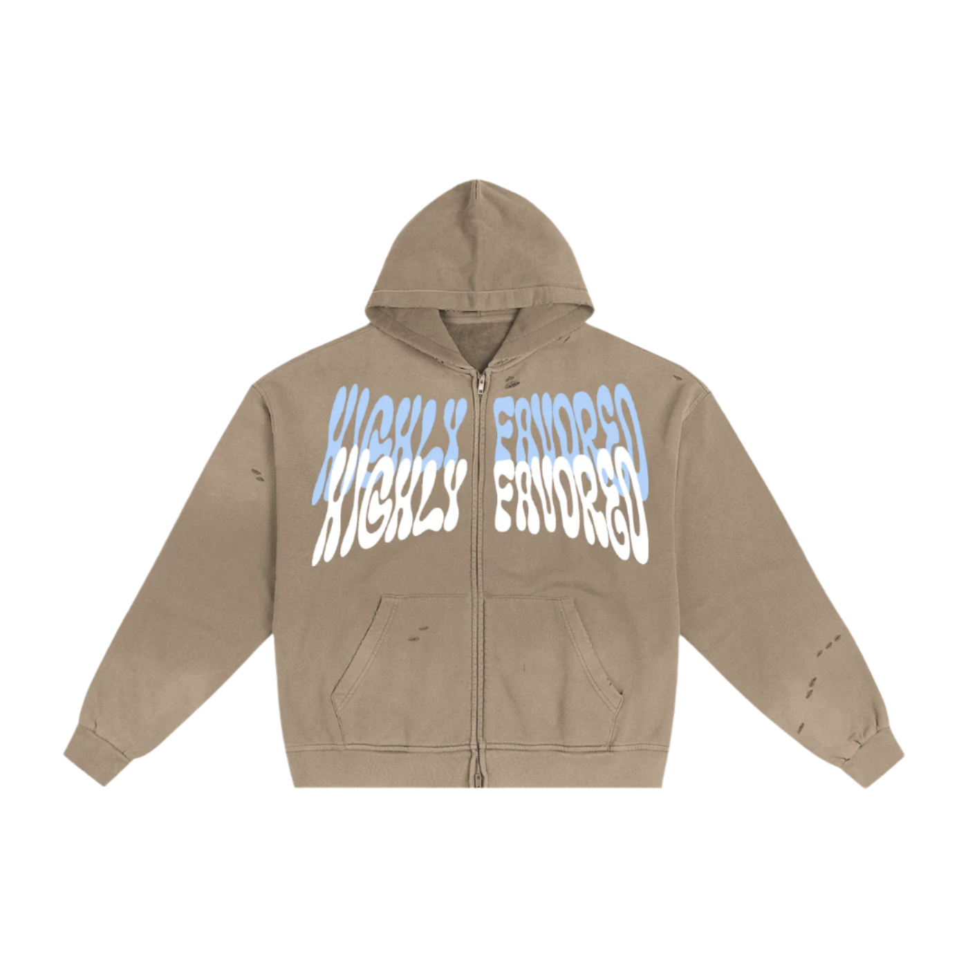 "HIGHLY FAVORED" Frayed Double Zip Hoodie (BROWN)