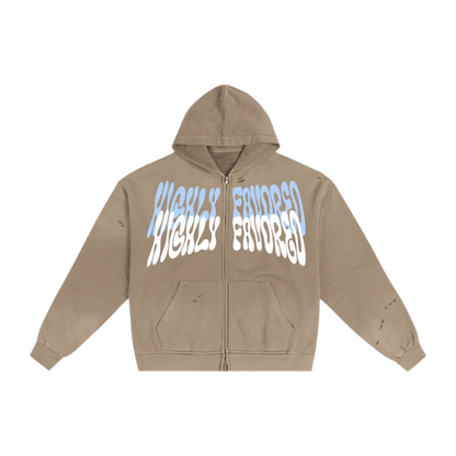 "HIGHLY FAVORED" Frayed Double Zip Hoodie (BROWN)