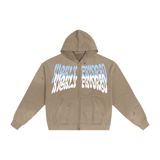 "HIGHLY FAVORED" Frayed Double Zip Hoodie (BROWN)